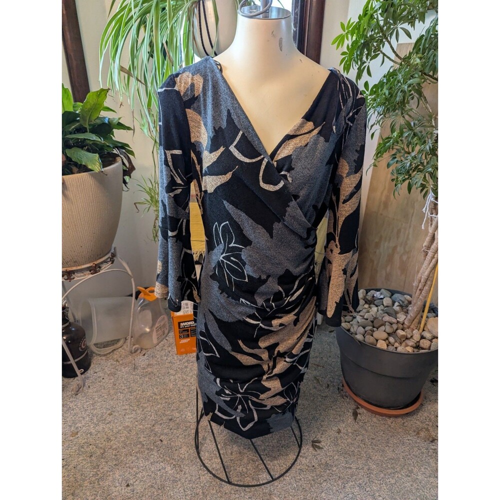 NWT Frank Lyman Wrap Bodice Ruched  Bell Sleeves Sweater Knit Dress Sz 12